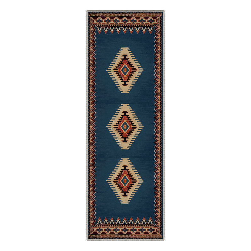 Almaden Southwestern Tribal Medallion Machine Washable Blue / Beige / Red Indoor Area Rug with Non-Slip Backing