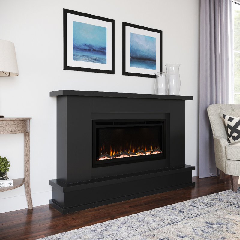 Modern Ember Patton 64" Mantel Package with 42" Electric Fireplace - Works w/ Alexa and Google Asst, Black
