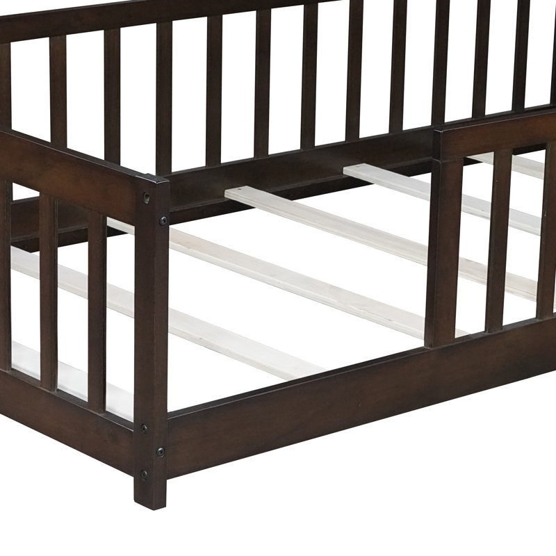 Bubbli Modern Floor Bed With Fence, Rubber Wood And Safety Guardrails, Espresso