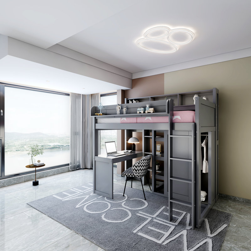 Lit mezzanine simple Jaleesia, pour enfants, Gris