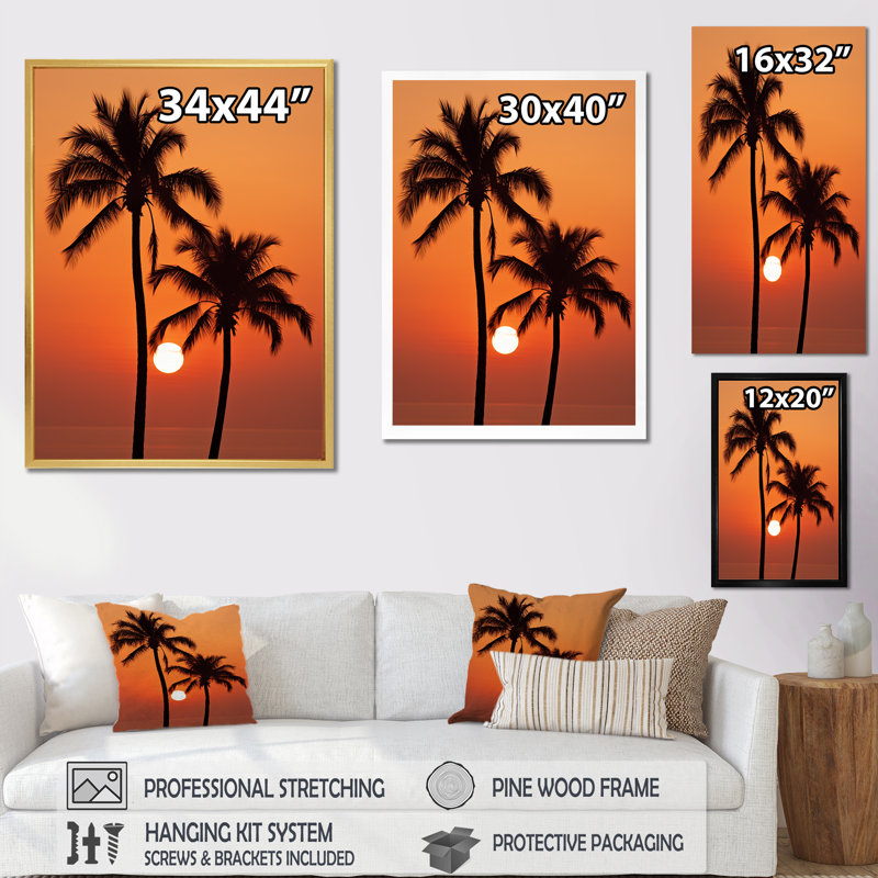 Palmier crépuscule tangerine coucher de soleil II, H 44 po x l 34 po x P 1,5 po, Toile tendue