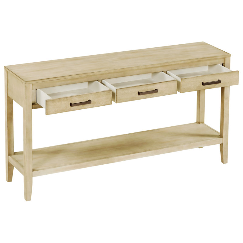 Table d'entrée avec 3 tiroirs, console avec tablette inférieure et poignées en fer, table de salon, couloir, chambre à coucher, bureau