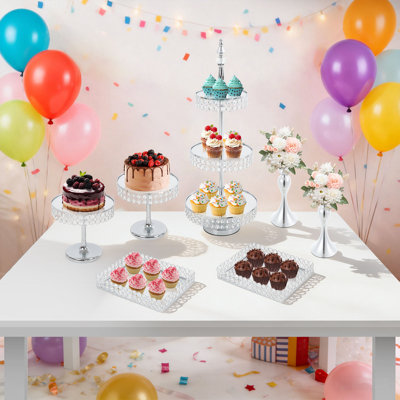 Ensemble de 7 présentoirs à gâteaux et desserts pour table, comprenant une tour à cupcakes et des plateaux, idéal pour un mariage, un anniversaire ou une fête.