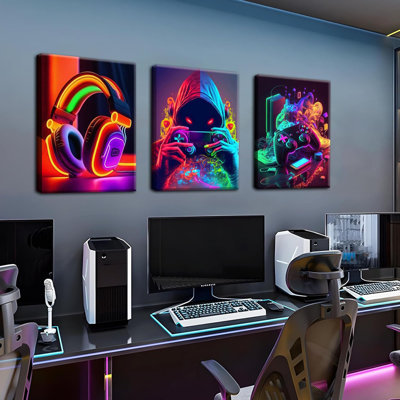 3Pcs Framed Game Room Wall Art Gaming Decor Set Colorful Gaming Posters With Headset Controller And Gamer Character For Bedroom Playroom Or Teen Boys Room 12X16in