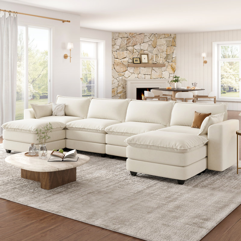 Canapé modulaire en U avec repose-pieds, canapé modulaire pour salon, beige, Beige Chenille, 33.6" H x 153.5" W x 55.1" D