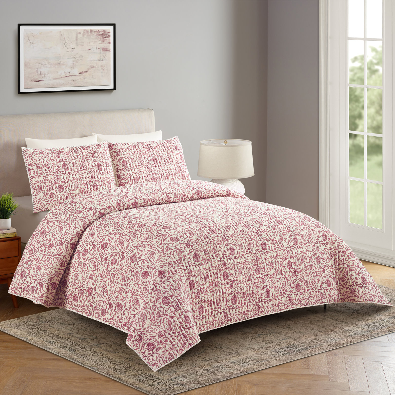 Eden Paisley Cotton Quilt Set, King Quilt + 2 King Shams, Burgundy Purple