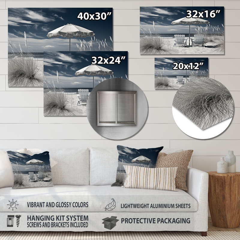 Chaises de plage noires et blanches - Art mural en métal nautique et plage, H 16 po x l 32 po