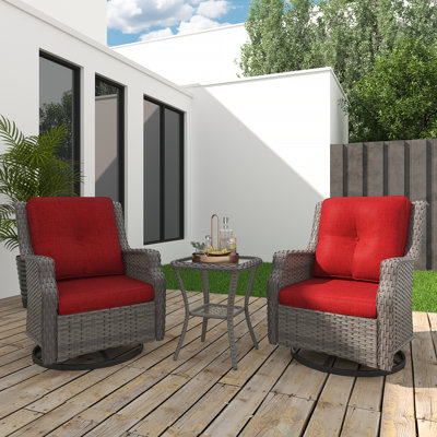 Ensemble de conversation de patio en osier 3 pièces - Chaises pivotantes avec coussins et table d'appoint, élégantes et confortables