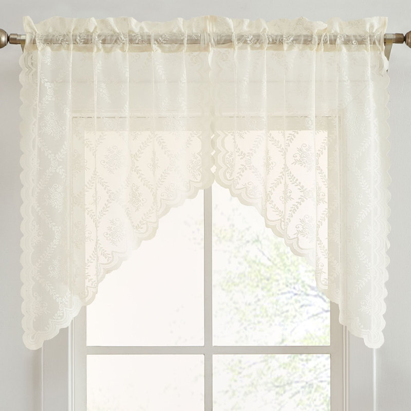 Hayson Floral Rod Pocket Lace Short Cafe Swags for Small Windows - 28 x 36 Inch Length - Set of 2, Ivory
