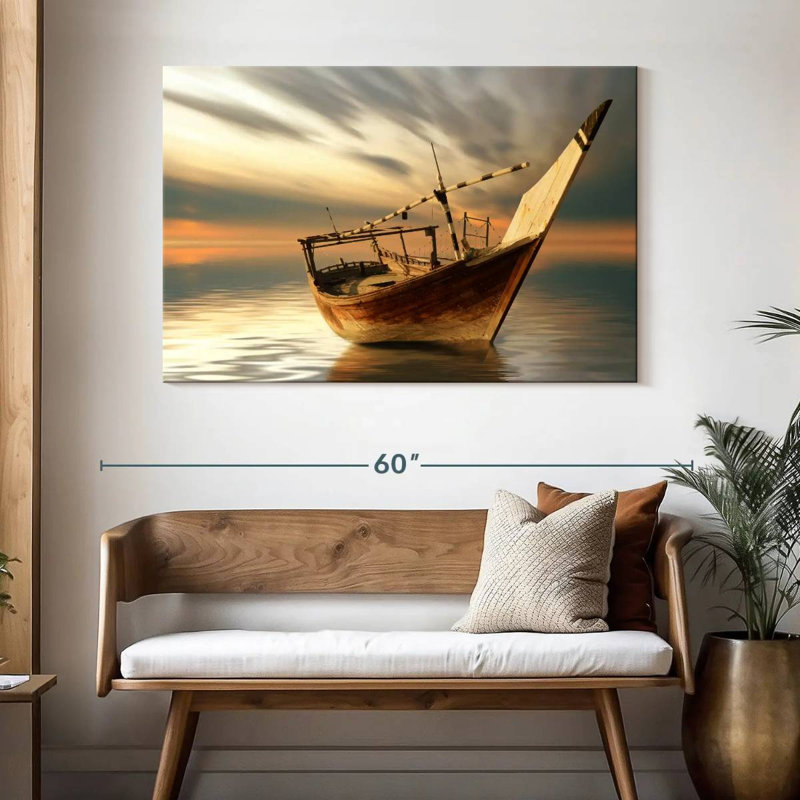 Bateau Mehar au coucher du soleil, H 32 po x l 48 po