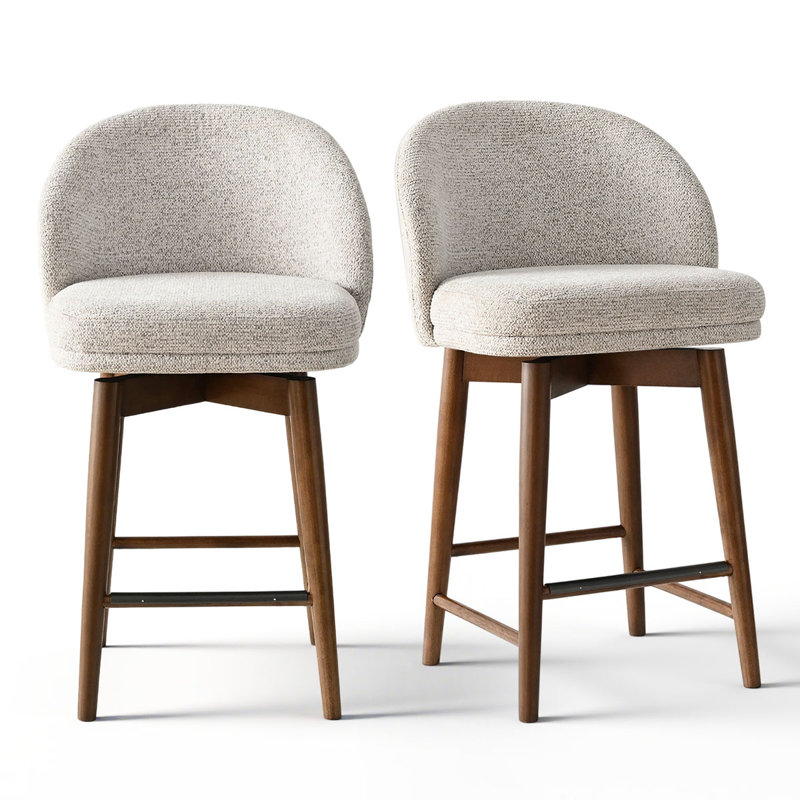 Tabouret de comptoir pivotant rembourré, Siège beige / structure en noyer