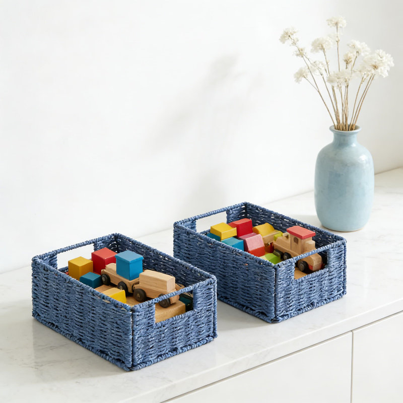 Hand-Woven Paper Rope Storage Baskets, Set Of 2 Collapsible Wicker Organizer Bins For Shelves, Foldable Cube Baskets For Bathroom, Living Room, And Kitchen Organization