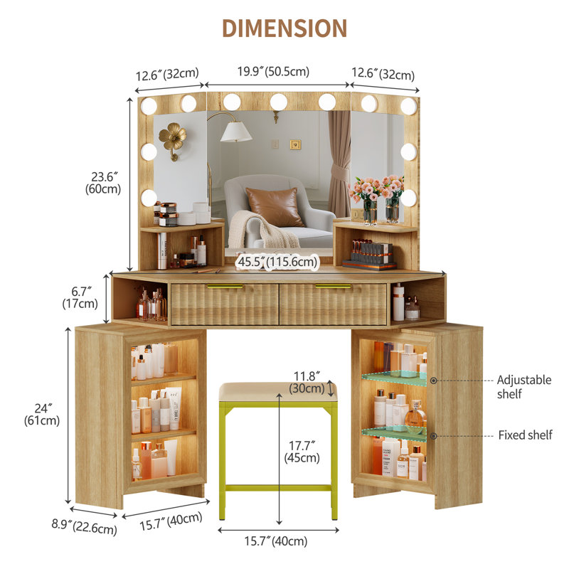 Corner Makeup Vanity - 11 Hollywood Bulbs With Human Sensor Module, Beige
