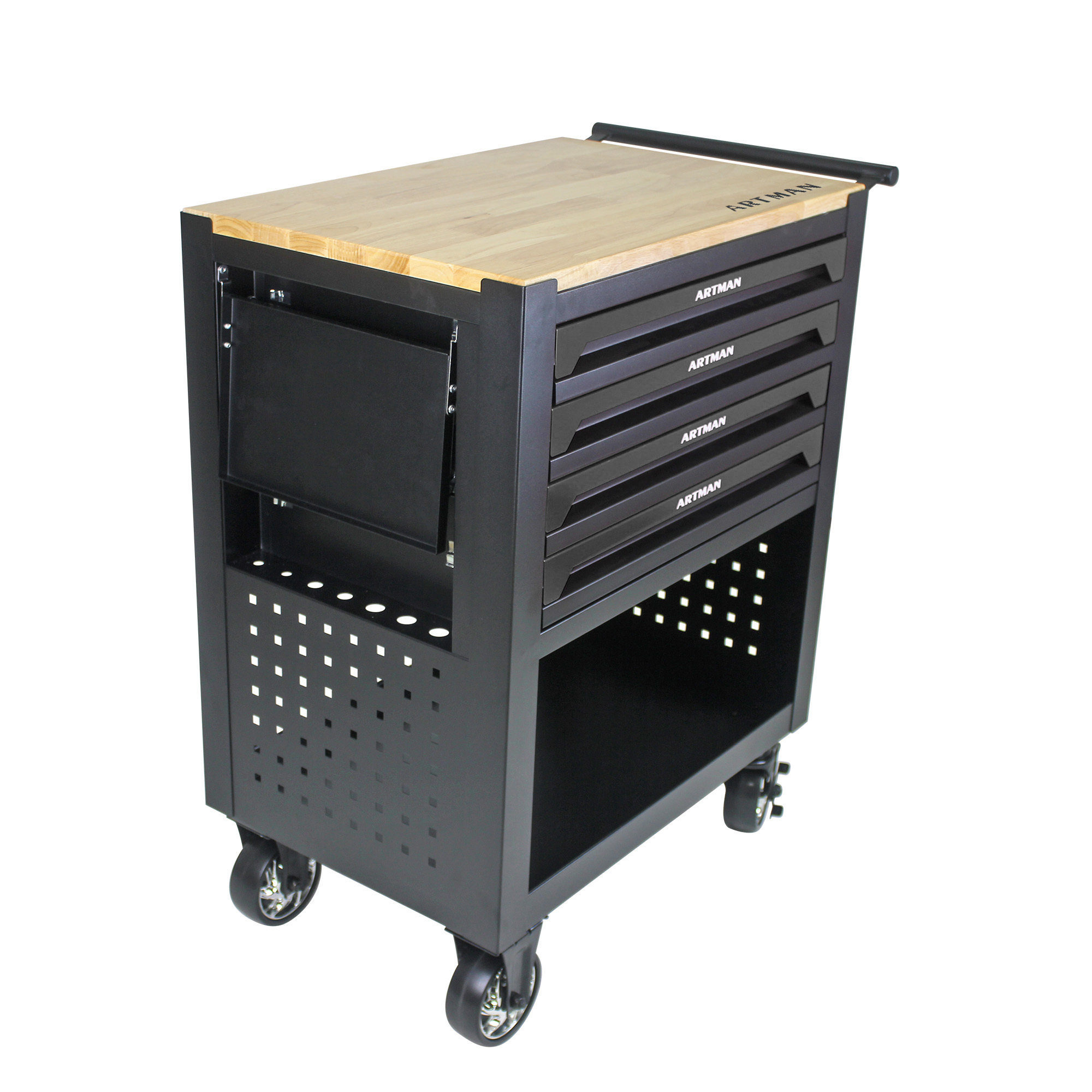 Multifunctional Tool Cart with Wheels and Wooden Top