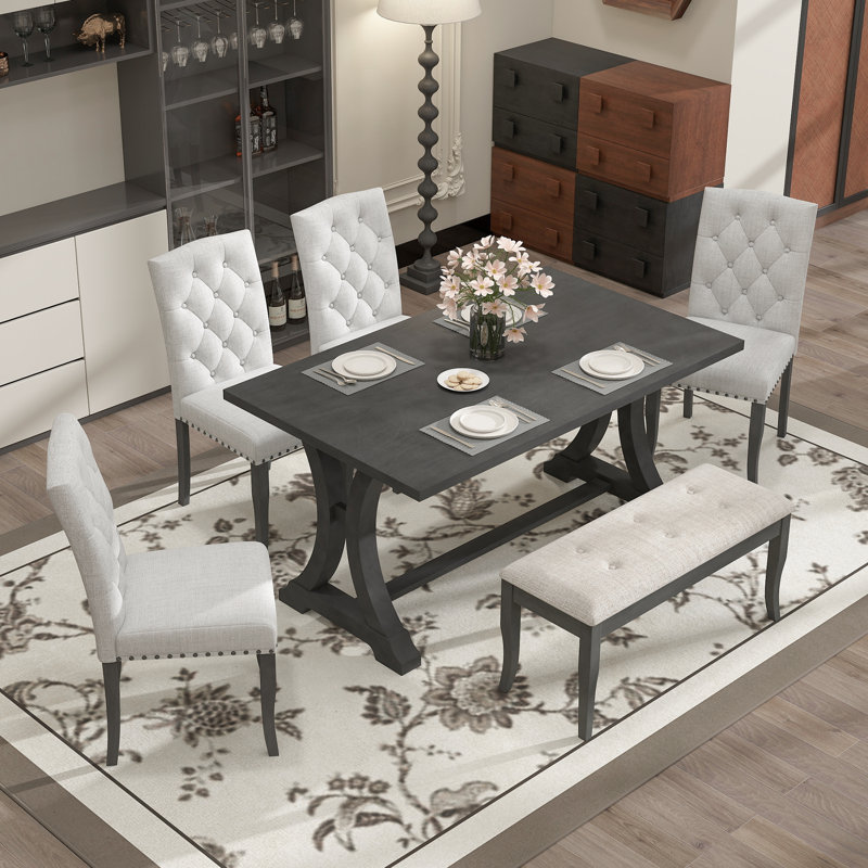 Shanequah 6-Piece Farmhouse Dining Table Set, Rectangular Trestle Table and 4 Upholstered Chairs & Bench for Dining Room,dining room set,dinning table set