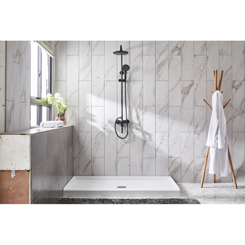 Système de douche en alcôve hexagonal en acrylique blanc avec lignes de coulis argentées l 60 po x P 30 po