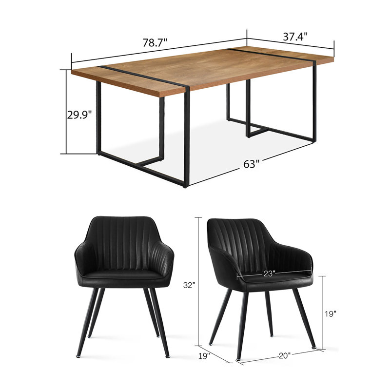 Modern 79" Rectangular Dining Set With Wood-Grain Table And 8 Faux Leather Upholstered Arm Chairs, Black