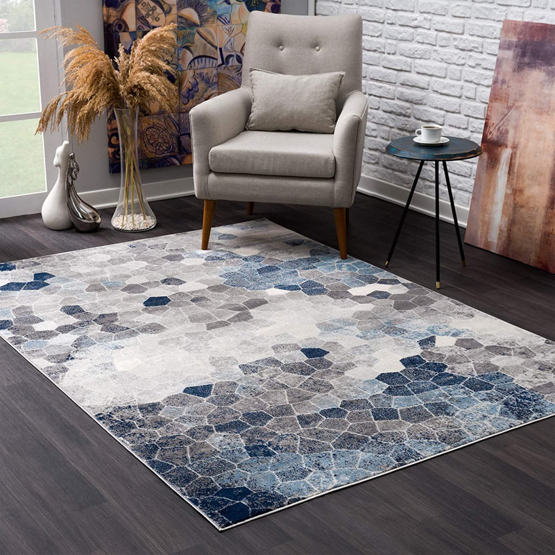 Aston-Jax 10' Blue and Ivory Geometric Cobblestone Runner Rug, Runner 2' x 20'