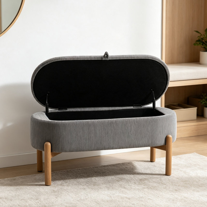 Banc de rangement avec assise rembourrée en velours côtelé gris et pieds en bois massif 1 pièce, Gris