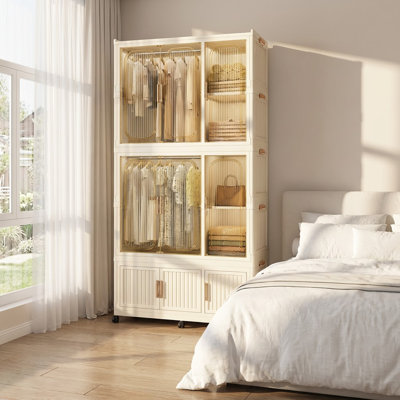 Organisateur de garde-robe portable avec portes magnétiques, cubes multiples, tringles suspendues et roulettes verrouillables