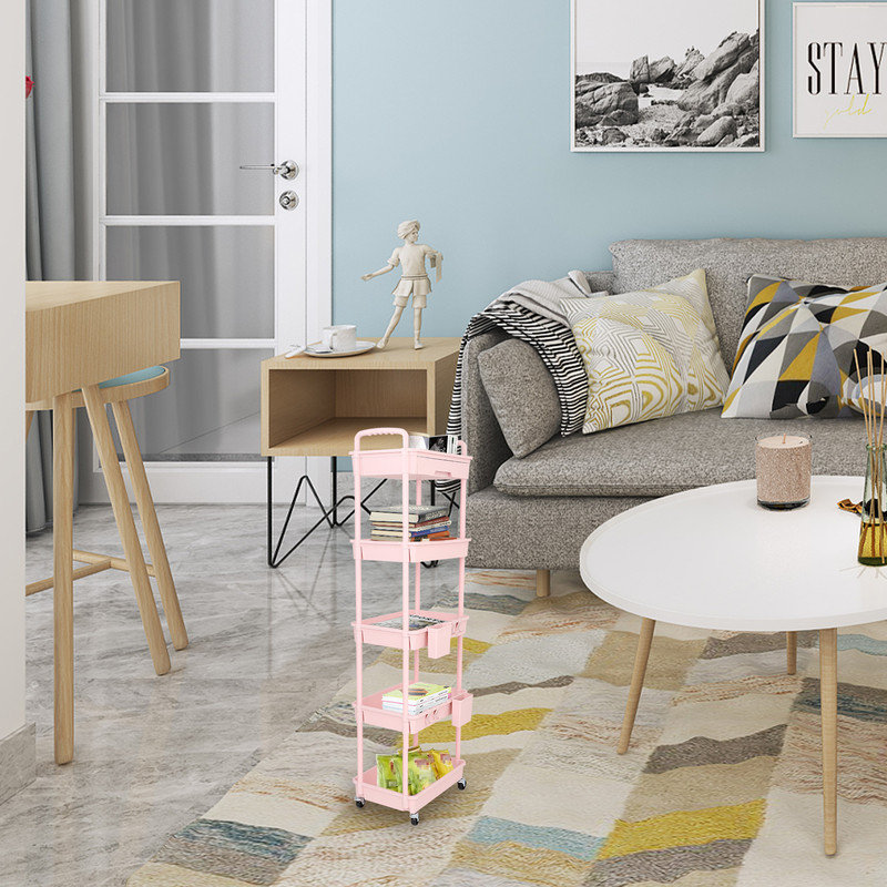 5 Tier Rolling Utility Cart with Drawer,With Drawer & Extended Poles,With Plastic Shelf & Lockable Wheels,Smooth Mobility