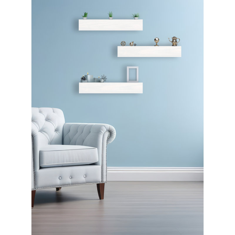 Emerald Lee 3 Piece Oak Floating Shelf, White, 4"H x 27"W x 6"D