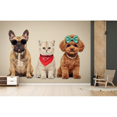 Toilettage pour animaux de compagnie, trio de papier peint à l'aquarelle - bouledogue français, chaton et caniche, décoration murale élégante pour animaux, chic portrait animalier, décoration 694