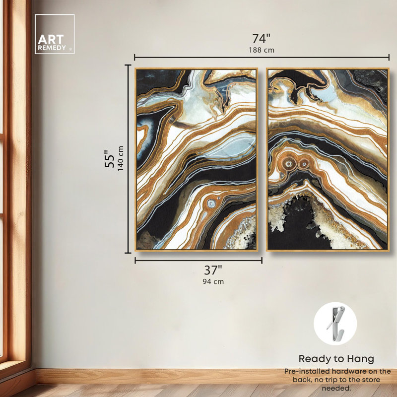 Ensemble de décorations murales géométriques noires et dorées par Art Remedy, cadre doré, 36 x 54, 55" H x 37" W, Gold Frame