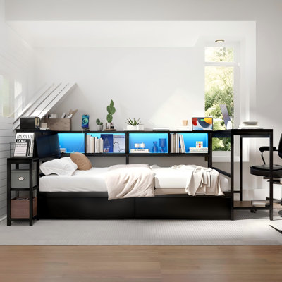 Corner Bed Frame With Bookcase And 2 Underbed Storage Drawers, Modern Reversible Daybed With Led Light And Charging Station by Latitude Run
