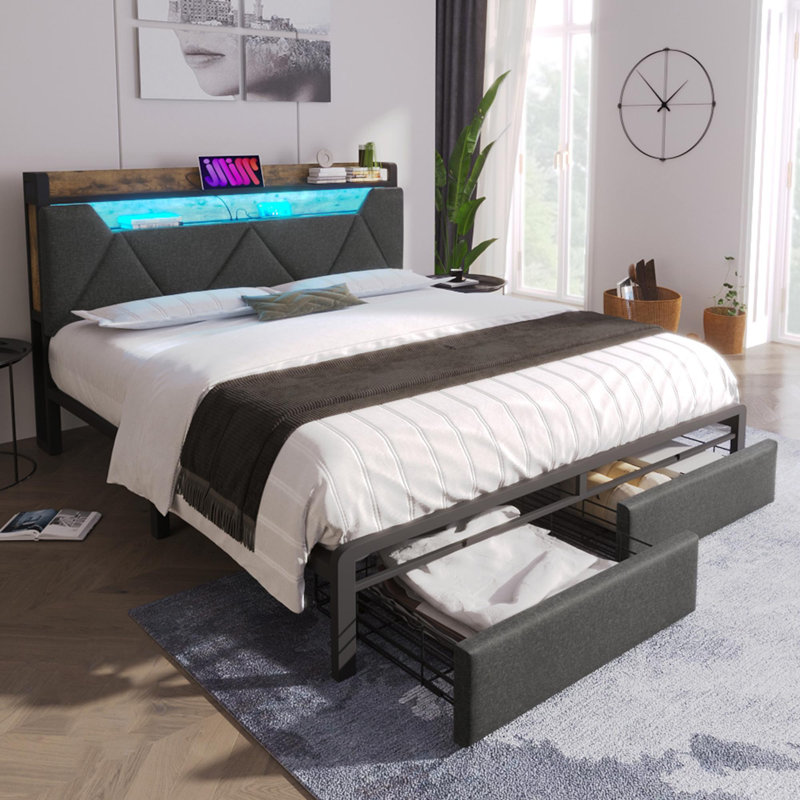 Upholstered Bed With 1 Draewr, Led And Usb Linen Grey, Double (4'6)