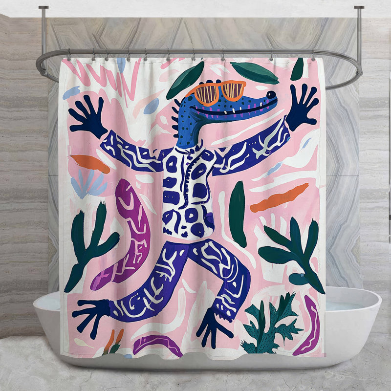 Rideau de douche Quirky Crocodile - Illustration salle de bain éclectique, H 84 po x l 70 po