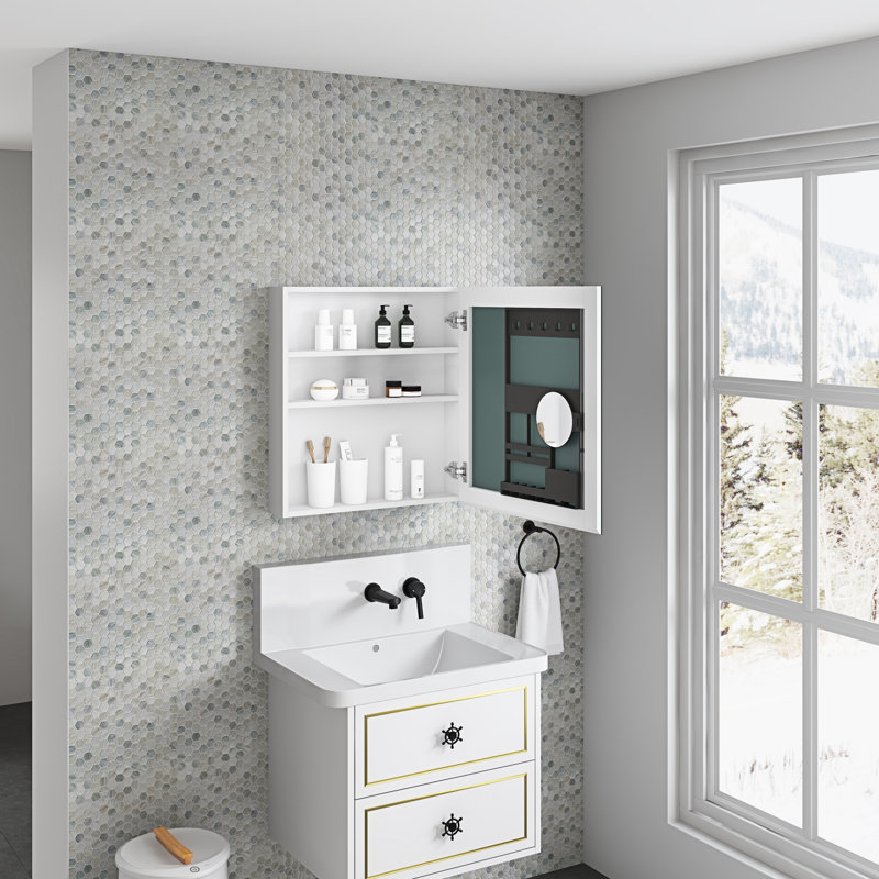 Armoire de rangement pour miroir de salle de bain 24 po x 26 po - Bord biseauté, ouverture de porte droite, grande capacité, bois d'ingénierie, charnières, étagère à pharmacie blanche avec miroir, porte droite, rangement, silencieux