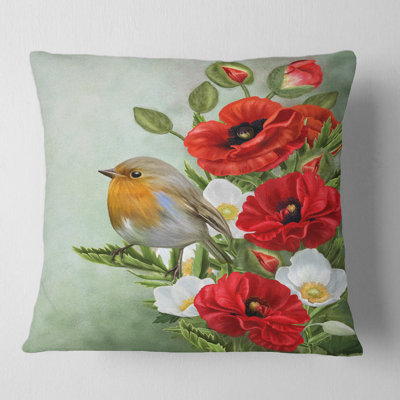 Yellow Bird With Red Poppies And White Anemones