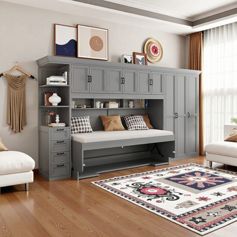 Lit simple escamotable avec armoire de bureau et armoires de rangement