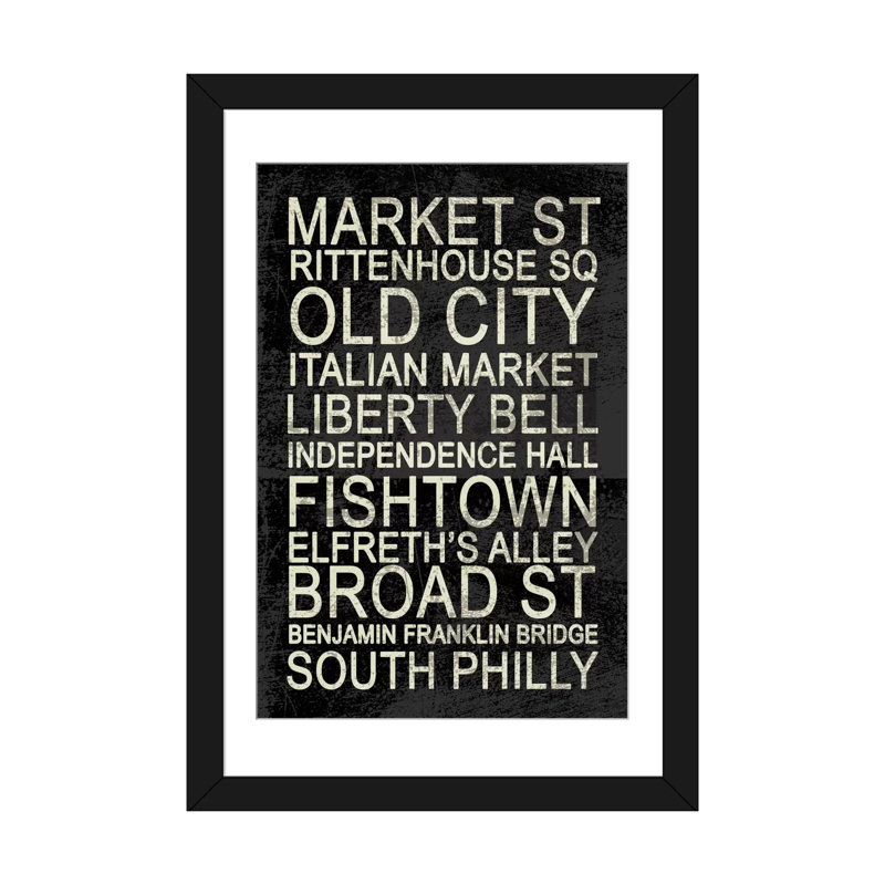 Philly - toile flottante, art textuel sur toile, H 24 po x l 16 po, Papier avec cadre noir, Blanc