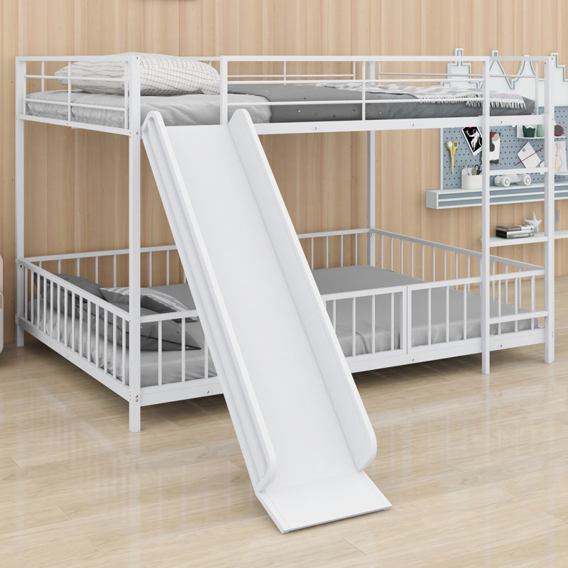 Metal Bunk Bed With Slide And Guardrails, Full Over Full, White