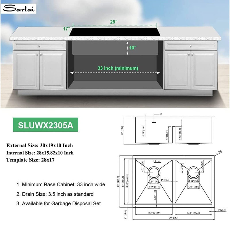 30'' L Double Bowl Stainless Steel Kitchen Sink