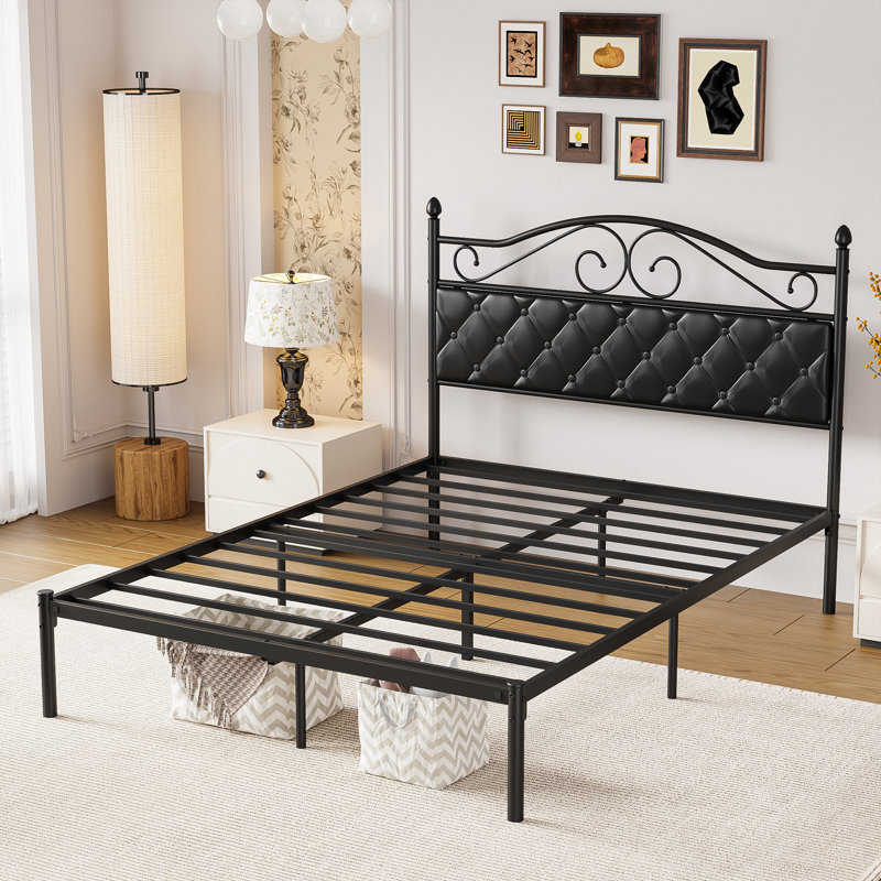 Vintage Metal Platform Bed With Premium Leather Headboard, Full / Double
