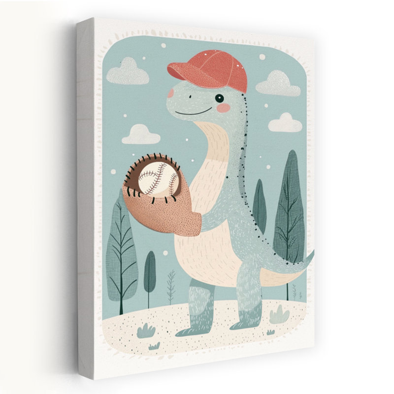 Playful Dinosaur Baseball Playful Abstract Contemporary Animal Nature Wall Art Print by Mathieu - Wrapped Canvas Print