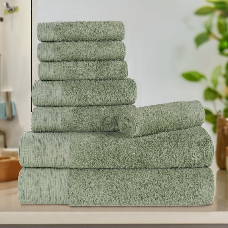 Rayon From Bamboo Cotton Blend Eco-Friendly Hypoallergenic Soft Solid Towel Set, Green, 8 Piece Towel Set