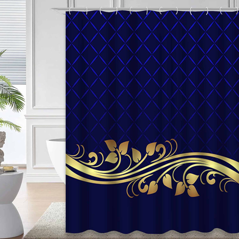 Rideau de douche bleu à bordure florale bleu marine avec 12 crochets, L 72 po x l 84 po