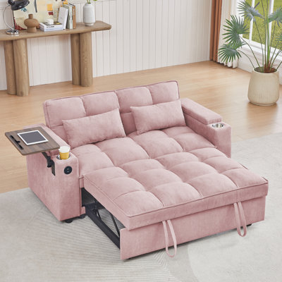 Pink Chenille Loveseat Sleeper Sofa Bed With Storage Armrest, USB Port, And Rotating Side Table