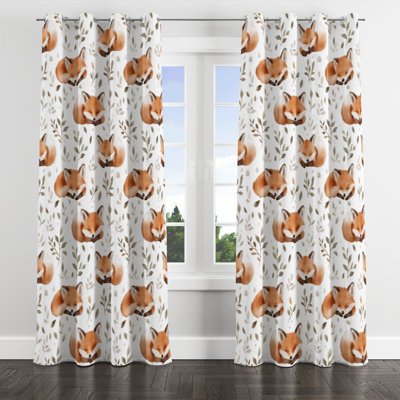 Kids Forest Animals Blackout Curtains - Sleepy Sleeping Foxes Velvet Grommet Curtain - 1 Panel