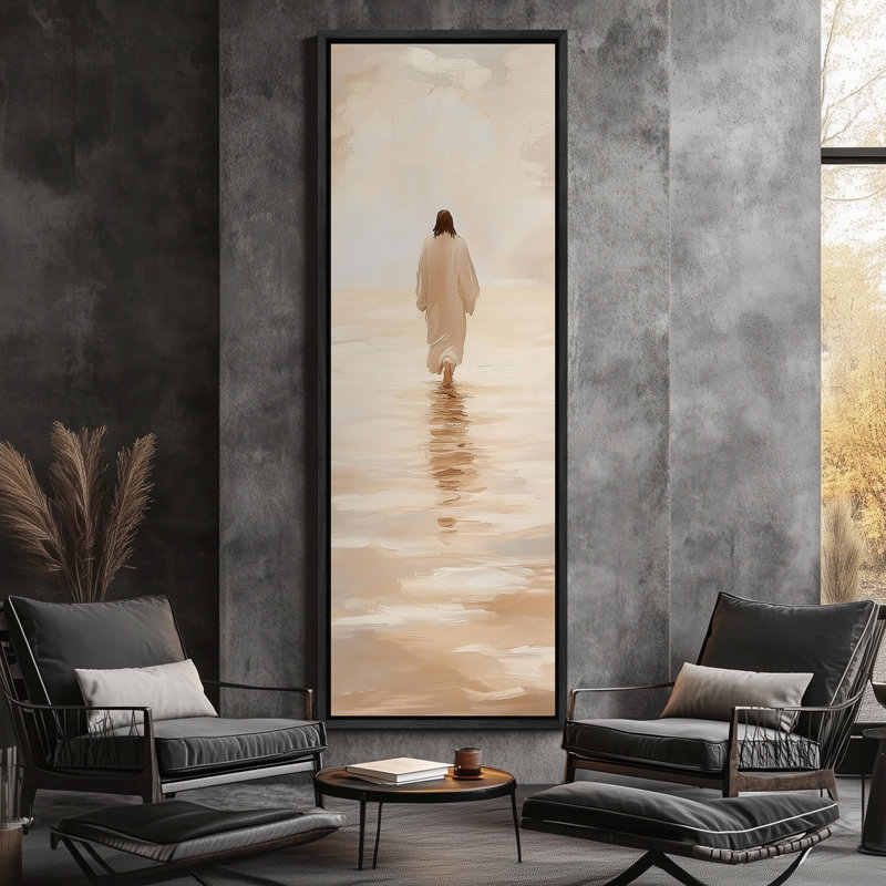 «Minimalist figure marcher sur un rivage ensoleillé», reproduction d'art sur toile encadrée, Noir