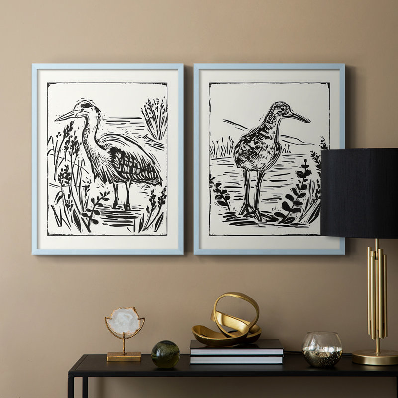 Linocut style Seabird I-Premium, reproduction encadrée prête à accrocher - aucun clou requis - aucun clou requis, Bleu