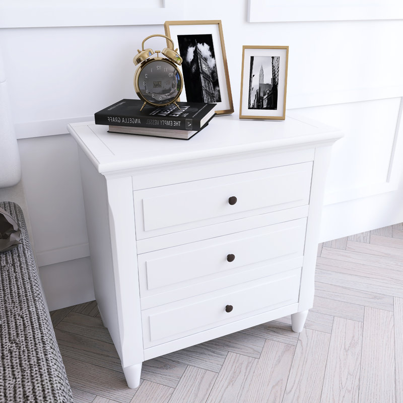 Table de chevet en pin avec 3 tiroirs et rails coulissants, Blanc