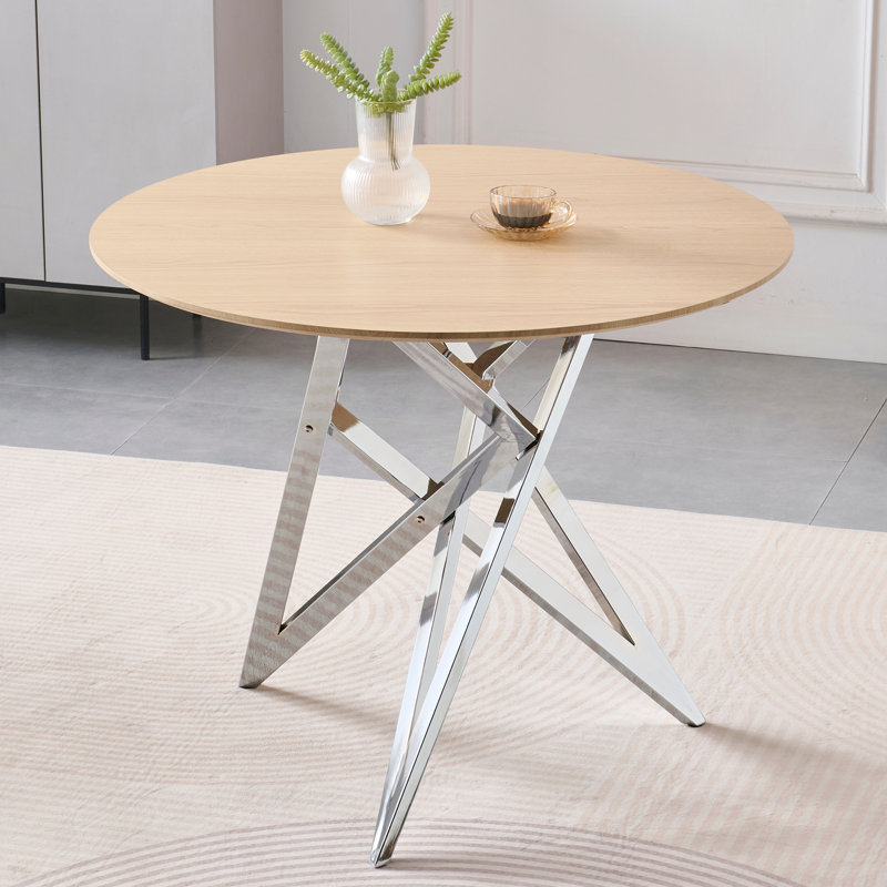 Table de salle à manger ronde 37 pouces avec pieds en métal argenté pour petites cuisines et salle à manger moderne, Naturel