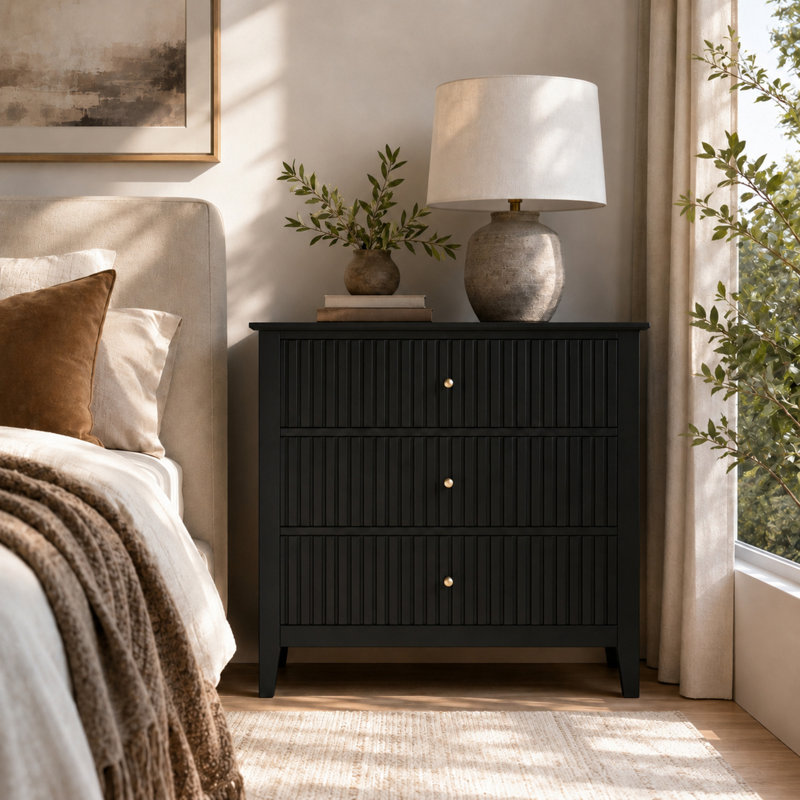 Commode 3 tiroirs 32 "avec façades cannelées, Black