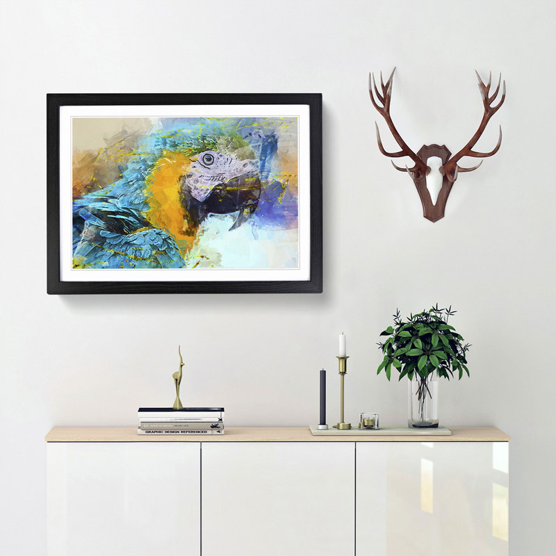 Macaw Parrot in Abstract - Picture Frame Painting Print, 60cm H x 91cm W x 2cm D, Black