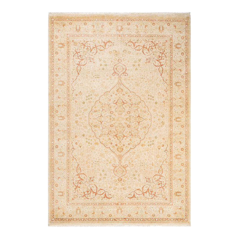 Tapis ivoire traditionnel noué à la main de conception unique 6 pi 2 po x 9 pi Keller